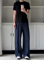Lazy wind summer casual wide-leg pants men's trend versatile fashion loose drape striped elastic waist straight trousers 3XL mėlyna