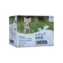 BOZITA Kitten box Mėsos ir žuvies gabaliukai padaže – šlapias pašaras kačiukui – 12x85g