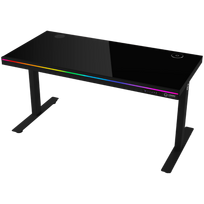 Dual-motor sit/stand adjustable-height gaming desk with wireless charger, RGB lighting, control panel, and USB ports, solid tempered glass tabletop, black.|LRG-DP80G
