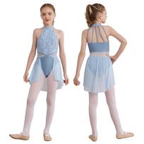 Vaikų mergaičių lyriška baleto šokių suknelė be rankovių nėriniuota gėlėta triko suknelė Šiuolaikinis modernus šokių kostiumas 13-14 Years šviesiai mėlyna spalva