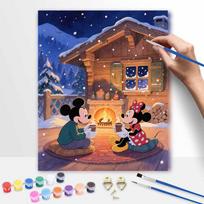 Disney Paint by Numbers Mickey and Minnie Winter Cabin Fireplace Art Kit Home Decor Gift 50x70cm brown