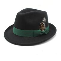 New warped-edged burger hat, European and American men's top hat, woolen thickened fabric feather felt hat M（56-58cm） juoda