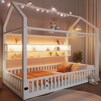90x200 House-shaped Platform Bed with Fence and LED Lighting, White 204 x 95 x 170 cm balta