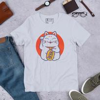 Japanese Maneki Neko Lucky Cat Tee Fortune Wealth Gold Coin Soft Cotton Tee XL white
