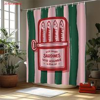 2D Flat Printing-1Pc Sardine Cartoon Style Shower Curtain With Green Stripes And Pink Background,, Suitable For Windows And Wa W90H165(CM)-1 Pcs