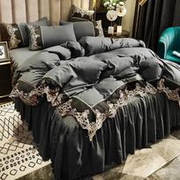 Nėriniuota kraštinė lovos sijonas lovos užtiesalas matinis keturių dalių komplektas, 1,5 m 1,8 m europietiško stiliaus pastorinta versija 1.8m four piece set gray