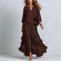 Lazy wind V-neck fringed lace-up loose top with ruffle edge irregular large swing skirt two-piece set L gray
