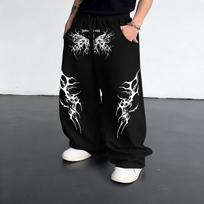 Vyriškos tamsios drugelių ir erškėtuogių rašto laisvalaikio tiesaus kirpimo kelnės Street Wear Hip-hop stiliaus daugiafunkcinės sportinės kelnės M black