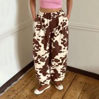 Women's Cow Print Denim Jeans with Elastic Waist - Relaxed Fit Casual Pants for Everyday Wear S brown