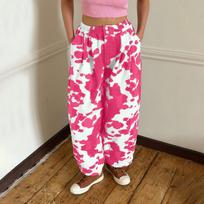Women's Cow Print Denim Jeans with Elastic Waist - Relaxed Fit Casual Pants for Everyday Wear XL pink