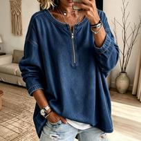 Women's Casual Half Zip Denim Shirt Loose Fit Long Sleeve Top M