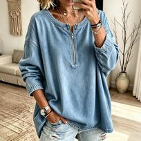 Women's Casual Half Zip Denim Shirt Loose Fit Long Sleeve Top M gray