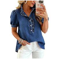 New Washed Denim Shirt for Women, Ruffled Trim Puff Short Sleeve Button Down Pleated Blouse Top M