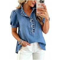 New Washed Denim Shirt for Women, Ruffled Trim Puff Short Sleeve Button Down Pleated Blouse Top XL