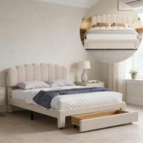 Lova 160x200 cm, lentjuostės pagrindu, su galine sienele, 1 stalčiumi, USB ir Type C, teddy audinio, beige spalvos, 200x160cm