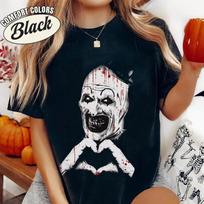 Art The Clown Terrifier Shirt, Creepy Heart Hands Graphic Tee, Spooky Slasher Fan Gift, Unisex Horror Apparel L black