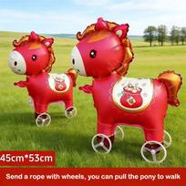 Adorable Standing Horse 3D Foil Balloon With Wheels For Kids'  Birthday Party, Cartoon Animal Themed Poprop Ornament red