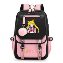 Sailor Moon Mielas Anime Spausdintas Studento Kuprinė USB Sąsaja Didelės Talpos Drobės Krepšys Kompiuterio Krepšys 46*29*16cm black