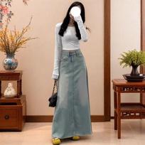 Women Washed Swing Denim Maxi Skirt Summer High Waist Raw Edge A Line Long Skirt Korean Slim Casual Jean Skirt 2XL gray