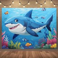 1 cartoon great white shark Marine animal underwater world theme background cloth, creative ocean birthday party decoration 79×59inch/200*150cm