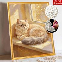 Cat 5D Pearl Painting Handmade DIY Home Office Desktop Decoration Painting Threedimensional Glittery Majestic Feline Art 30x40 beige