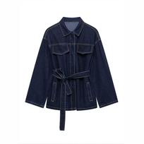 European-Size Belted Lapel Denim Jacket with Long Sleeves and Multi-Pocket Flaps EU/US L/8-10 black