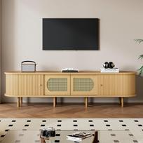 180*40*40cm Oval TV Stand in light wood color, rattan design, two cabinet doors, two sliding doors, MDF, suitable for TVs up to 75 inches 180 x 40 x 40 cm
