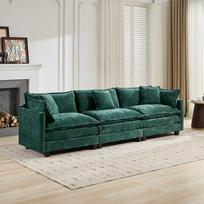 Debesinė sofa 3 vietų (Pufas neįtrauktas), Kampinė sofa, Dvigubo sluoksnio minkšta sėdynės pagalvėlė, Kvėpuojantis veliūro audinys, Žalia, DEFO5013GN 75 x 289 x 84 cm žalia