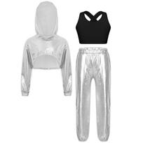 Merginų Hip Hop Džiazo Šokio Kostiumas 3 Dalių Rinkinys Metalizuotas Trumpas Gobtuvukas Berankovė Liemenė su Skylute Nugarinėje Kelnės 5-6 Years karšta rožinė spalva