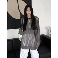 Fashion Korean Knitted Hollow Out Sunscreen Cover Up Loose Blouse Women Summer O Neck Long Sleeve Tops Casual Thin Solid Color Simple Sweet Clothes One size gray