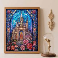 Disney 5d diamond painting full drill diy diamond embroidery castle & rose stained glass decorative painting ornaments living room Round 20x30cm blue