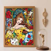 Disney DIY diamond painting 5d Beauty and the Beast stained glass full diamond cross stitch diamond living room bedroom decoration painting Round 20x30cm black