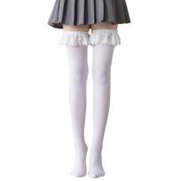 Lolita Women Thigh High Socks Cute Frilly Ruffles Lace Patchwork Velvet Over Knee Long Stockings Cosplay Anime Hosiery balta