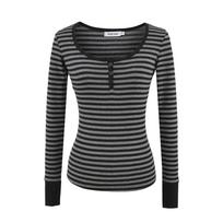 Retro Spicy Girl Color Block Striped Long Sleeve Button T-shirt: Slim Fit Round Neck for Spring & Autumn Large gray