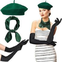 Beret Hat Satins Scarf and Long Gloves Halloween Party Outfit Parisian French Theme Costume Accessories Set beige