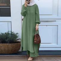 Moteriški musulmonų komplektai Turkija Dubajus Abaya Moteriški marškinėlių komplektas ilgomis rankovėmis Priežastinis kelnių komplektas Moterų kostiumai Abayas IsIamic kostiumai 3XS žalia