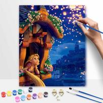 Disney Oil Painting DIY Digital Painting Rapunzel and Floating Lanterns HandPainted Living Room Entryway Wall Art. 40x50cm blue