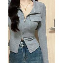 Spice girl POLO collar double zipper short coat women's spring and autumn new slim and thin long-sleeved short cardigan top L pilka spalva
