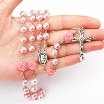 6MM Stikliniai Karoliukai Rožančiaus Karoliai Moterims Kryžiukas Kryžius INRI Pakabukas Ilga Raudonos Rožės Grandinėlė Choker Moteriški Religiniai Maldos Papuošalai beige