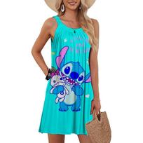 Moterims Vasarinė Laisvalaikio T-shirt Suknelė Paplūdimio Apsiaustas Disney Lilo&Stitch Klostuota Camisole Suknelė Atviru Nugaros Dalimi 7XL blue