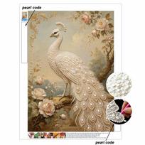 Pearl Art Painting Home Wall Decor White Peacock Pearl Gemstone Painting Picture Crafts Adult/Beginner Gift Creative Home Decor Unframed 30x40 beige