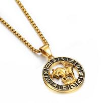 Auksinis nerūdijančio plieno zodiako karoliai Liūto Skorpiono pakabukas moterims vyrams 12 žvaigždynų apvalus pakabukas papuošalai dovana Gold Color&68cm beige