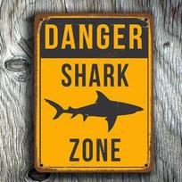DANGER Shark Zone Vintage Warning Metal Tin Sign  Retro Nautical Wall Decor  Rustic Yellow Plaque for Beach House Pool Man 20x30cm（7.8x11.8inch）