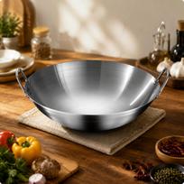 HeavyDuty Round Bottom Wok | Uncoated Cooking Surface, Brushed Silver Finish, Stainless Steel Wok, 32CM