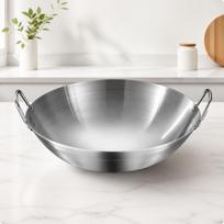 HeavyDuty Round Bottom Wok | Uncoated Cooking Surface, Brushed Silver Finish, Stainless Steel Wok, 36CM