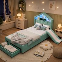 Kids' Bed 90x200 cm in Blue-Green, Upholstered House Bed with Slide Mountable Left/Right, LED Lighting, Charging Port, Headboard and Large Drawer 214 x 156 x 114.5 cm