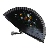 Flamenco pasirodymas Dvigubo rašto rankinis ispaniško šokio vėduoklis su gėlių piešiniu Šilkinis sulankstomas vėduoklis juoda