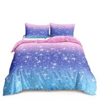 Kawaii Mėnulis Žvaigždėtas Naktinis Dangus Antklodės Užvalkalų Rinkinys Mėlynas Rožinis Violetinis Žvaigždžių Galaktikos Lovos Patalynės Rinkiniai Pilno Dydžio Berniukams Mergaitėms Antklodės Užvalkalas EU single(135x200cm)