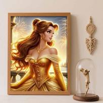 Disney diamond painting 5D round diamond full of diamonds diy handmade stickers, home decoration paintings with Belle golden dress and fireworks. Round 20x30cm beige