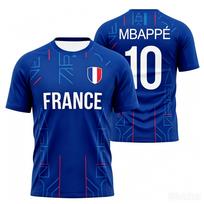Mbappe 10 Futbolo marškinėliai Subtilus šešiakampis žakardinis raštas Auksiniai užrašai Prancūzijos skydo herbas Apvali apykaklė Dvipusis spaudinys 5XL